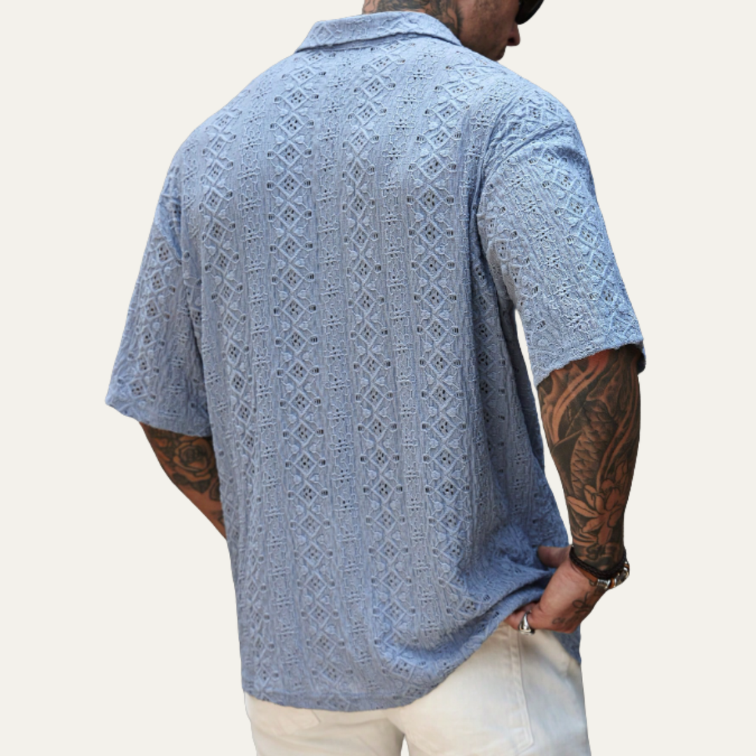 Freja Andersen | Herre Crochet strik kortærmet poloshirt - lyseblå