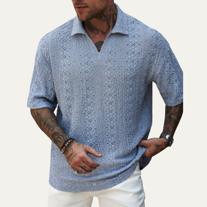 Freja Andersen | Herre Crochet strik kortærmet poloshirt - lyseblå