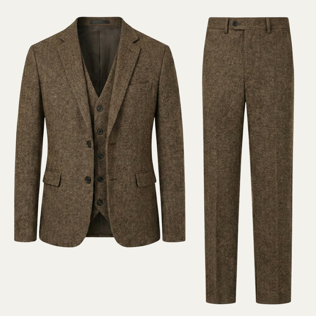 Freja Andersen | Herre tweed 3 Piece jakkesæt - slim fit sildeben jakke, Vest & bukser