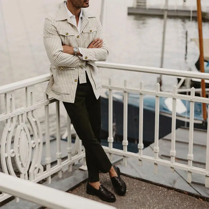 Freja Andersen | Herre Streetwear stribet knap-Down skjorte med lommer