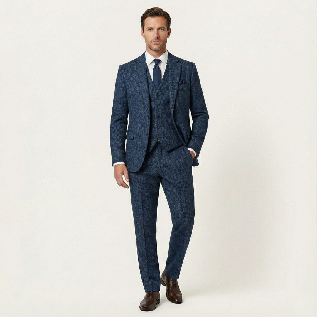 Freja Andersen | Herre tweed 3 Piece jakkesæt - slim fit sildeben jakke, Vest & bukser