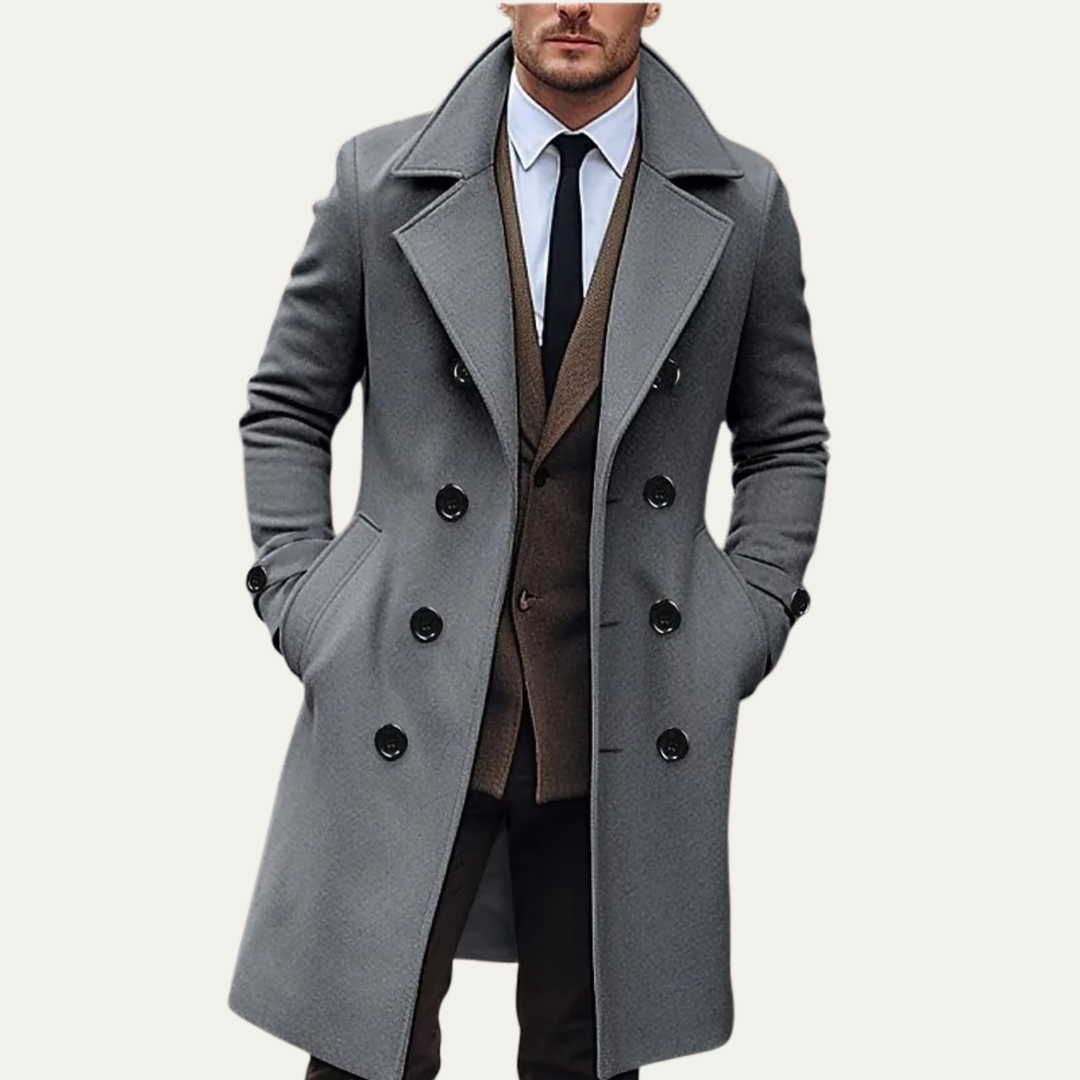 Freja Andersen | Herre dobbeltknappet lang uld trenchcoat