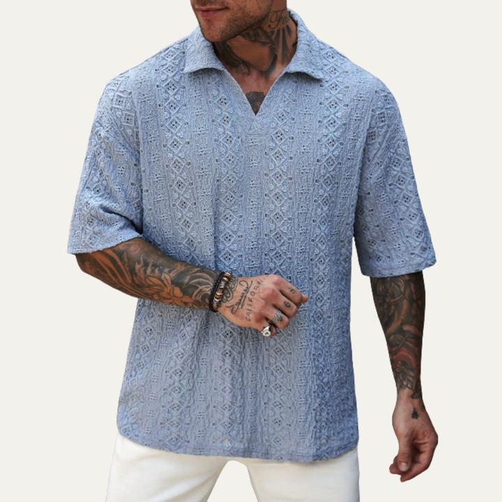 Glenridge Hill herre Bohemian Crochet Mesh hør skjorte - lyseblå