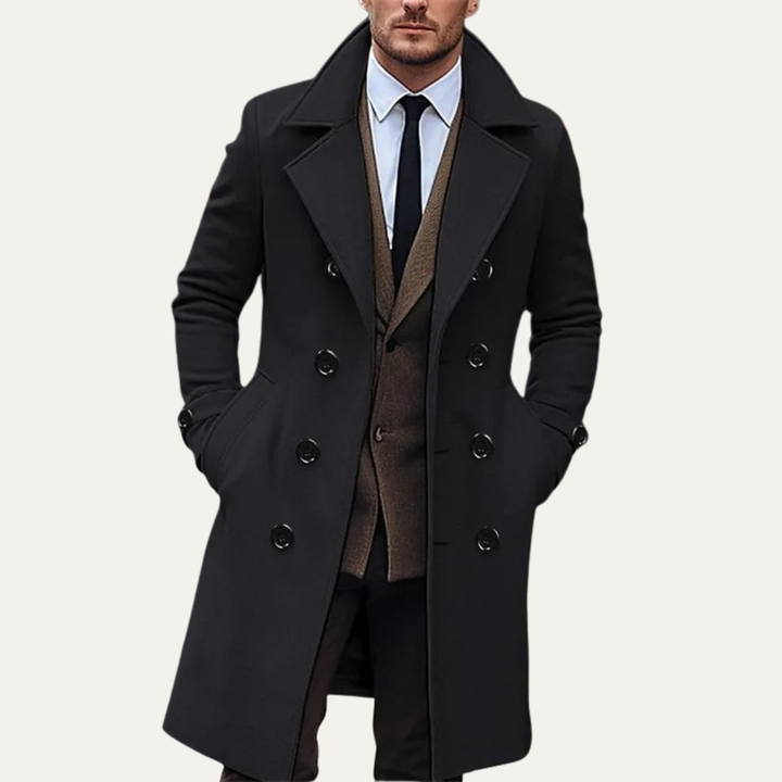 Freja Andersen | Herre dobbeltknappet lang uld trenchcoat