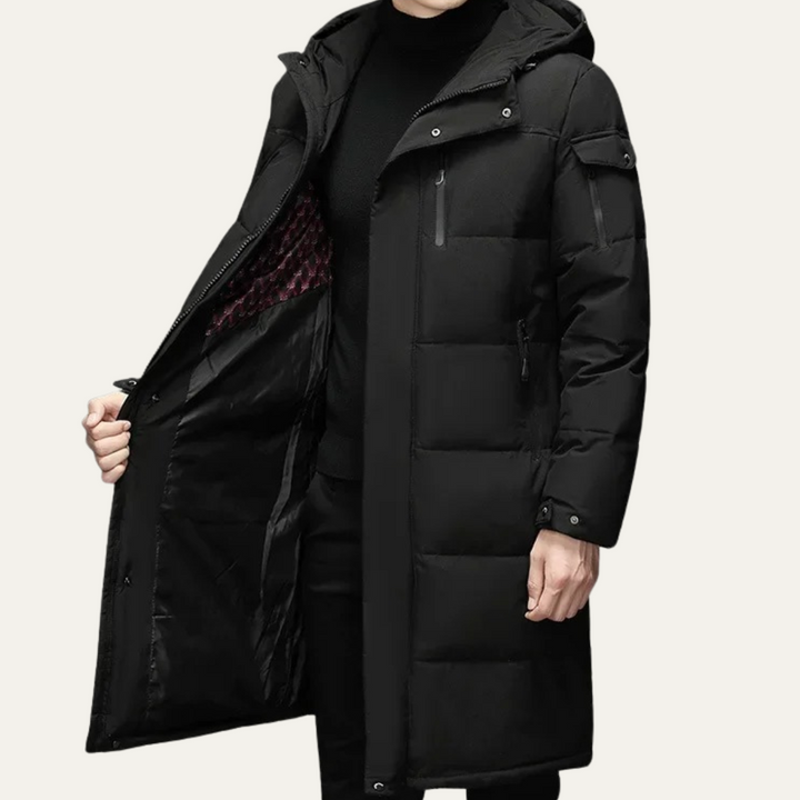 Freja Andersen | Herre Thermal Longline sort puffer frakke med Hood