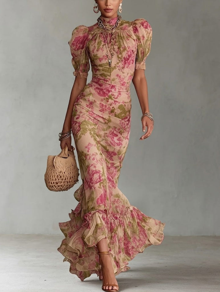 Fiora | vintage Rose Print Maxi Kjole med Puff Ærmer