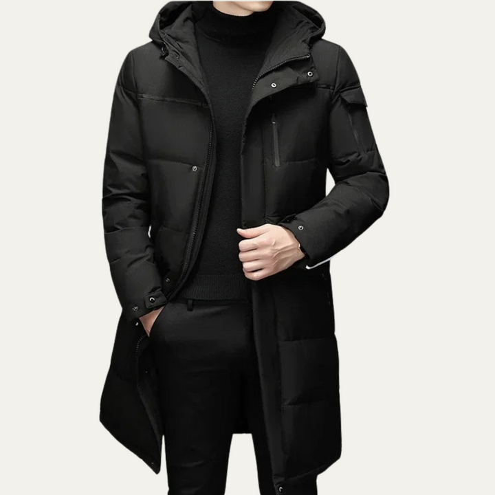 Freja Andersen | Herre Thermal Longline sort puffer frakke med Hood