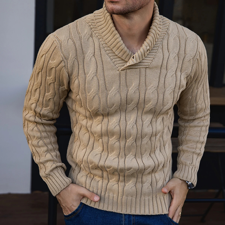 Bevagna | Herre kabelstrik Shawl krave knap Neck trøje