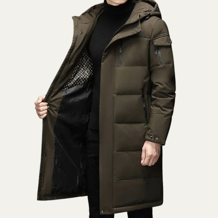 Freja Andersen | Herre Thermal Longline sort puffer frakke med Hood