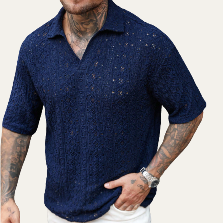 Glenridge Hill herre Bohemian Crochet Mesh hør skjorte - marineblå