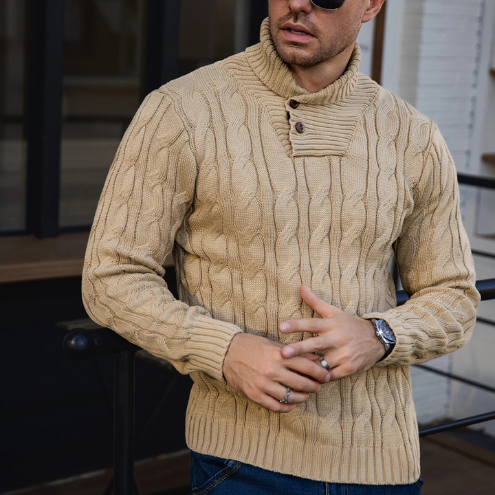Bevagna | Herre kabelstrik Shawl krave knap Neck trøje