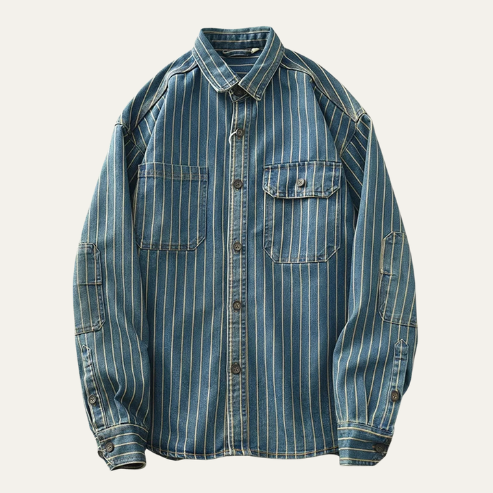 Freja Andersen | Herre vintage Washed lodrette striber denim skjortejakke - blå