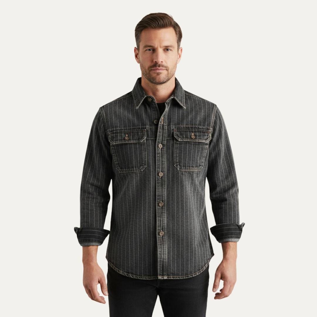 Freja Andersen | Herre vintage Washed lodrette striber denim skjortejakke - mørkeblå