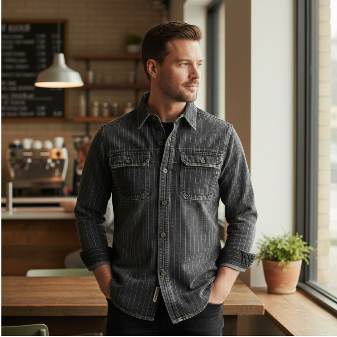 Freja Andersen | Herre vintage Washed lodrette striber denim skjortejakke - mørkeblå