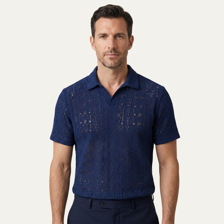 Freja Andersen | Herre Crochet strik kortærmet poloshirt - marineblå