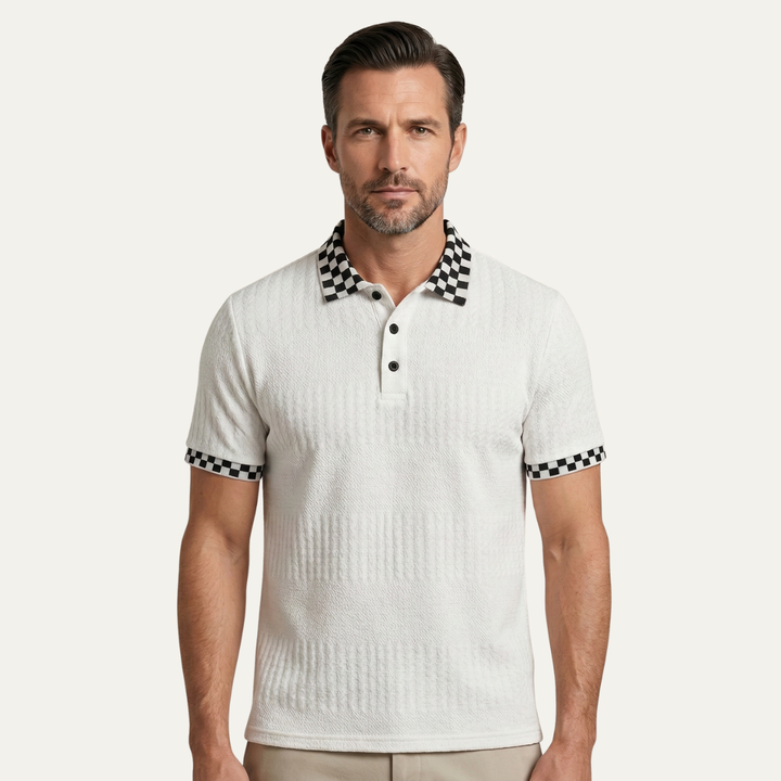 Freja Andersen | Herre tekstureret strik poloshirt med Checkered krave