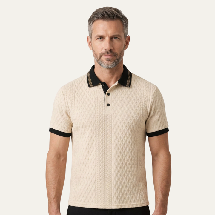 Ashridge Hill herre abrikosfarvet strikket poloshirt med Rib strik Details