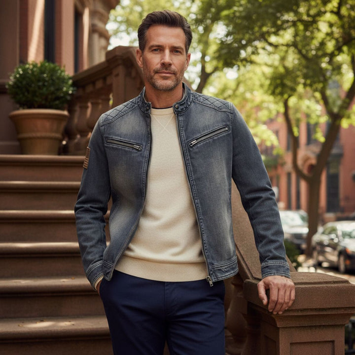 London slim fit denim jakke til mænd - lynlåskrave