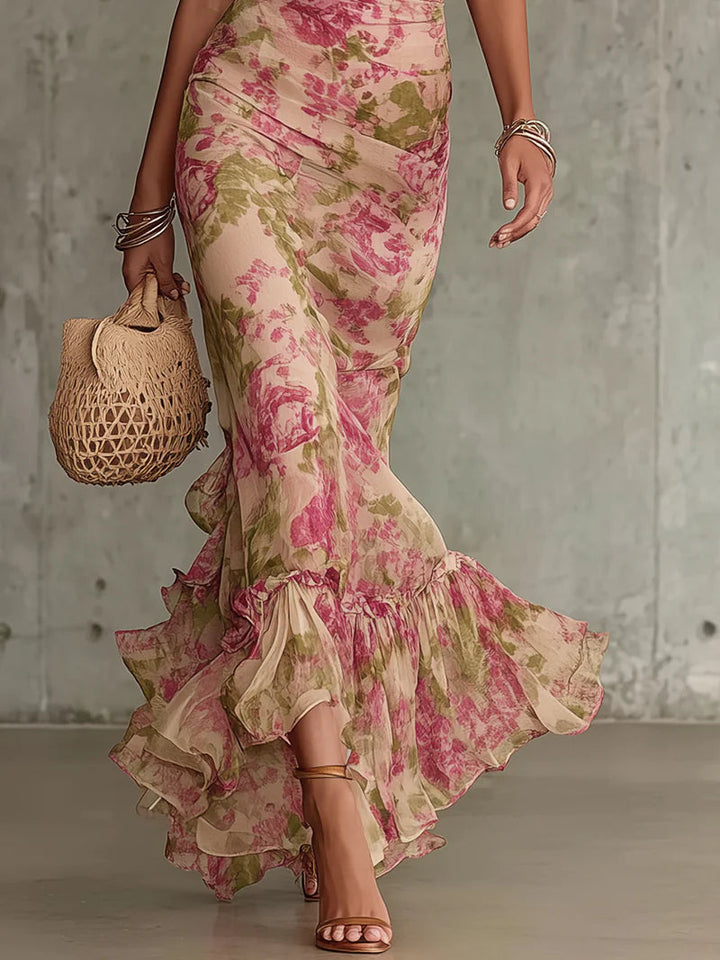 Fiora | vintage Rose Print Maxi Kjole med Puff Ærmer