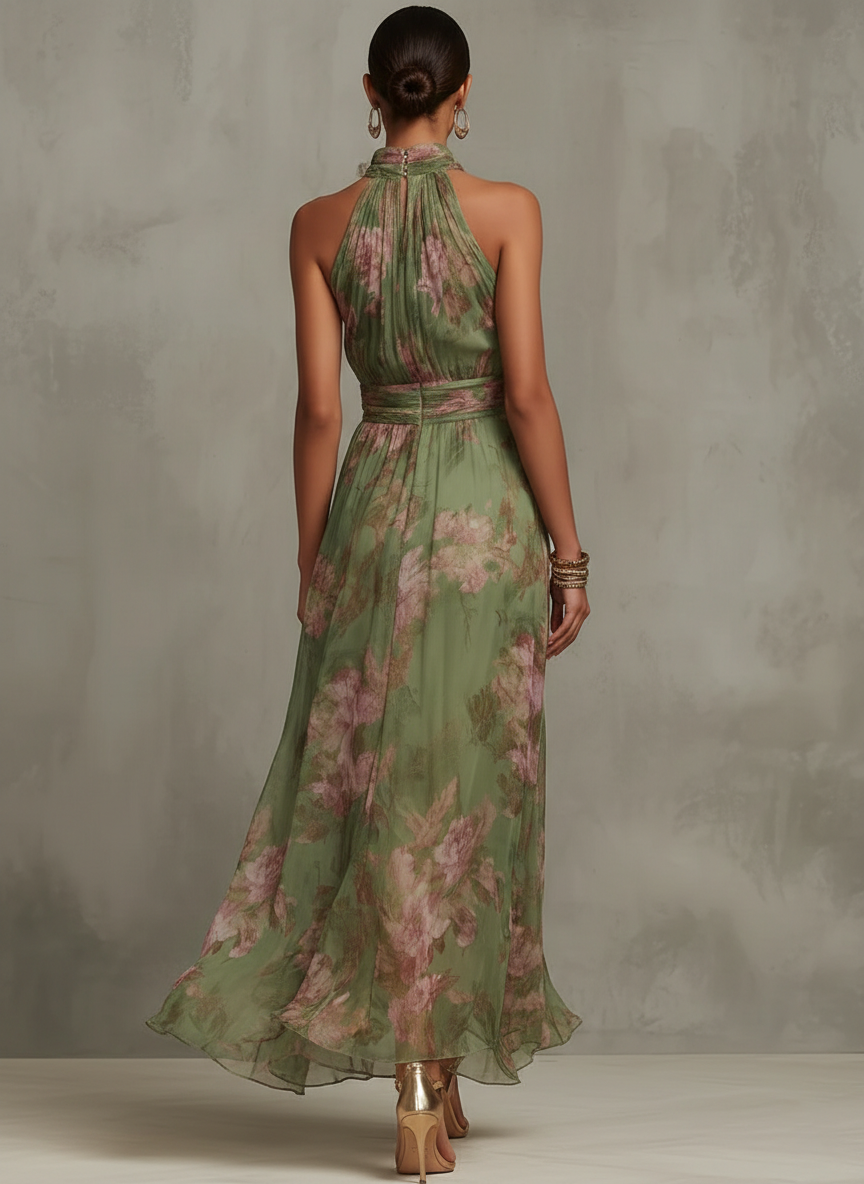 Serena | Grøn Blomstret Chiffon Halterneck Maxi Kjole