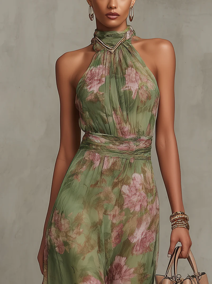 Serena | Grøn Blomstret Chiffon Halterneck Maxi Kjole