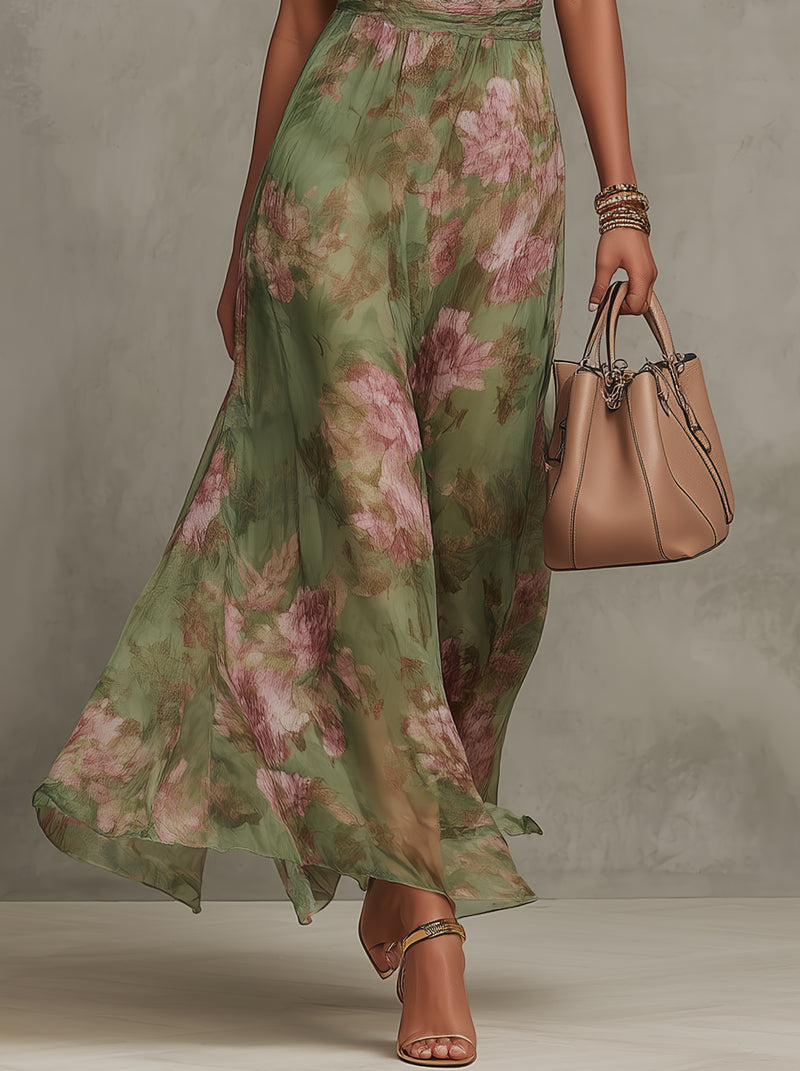 Serena | Grøn Blomstret Chiffon Halterneck Maxi Kjole