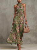 Serena | Grøn Blomstret Chiffon Halterneck Maxi Kjole