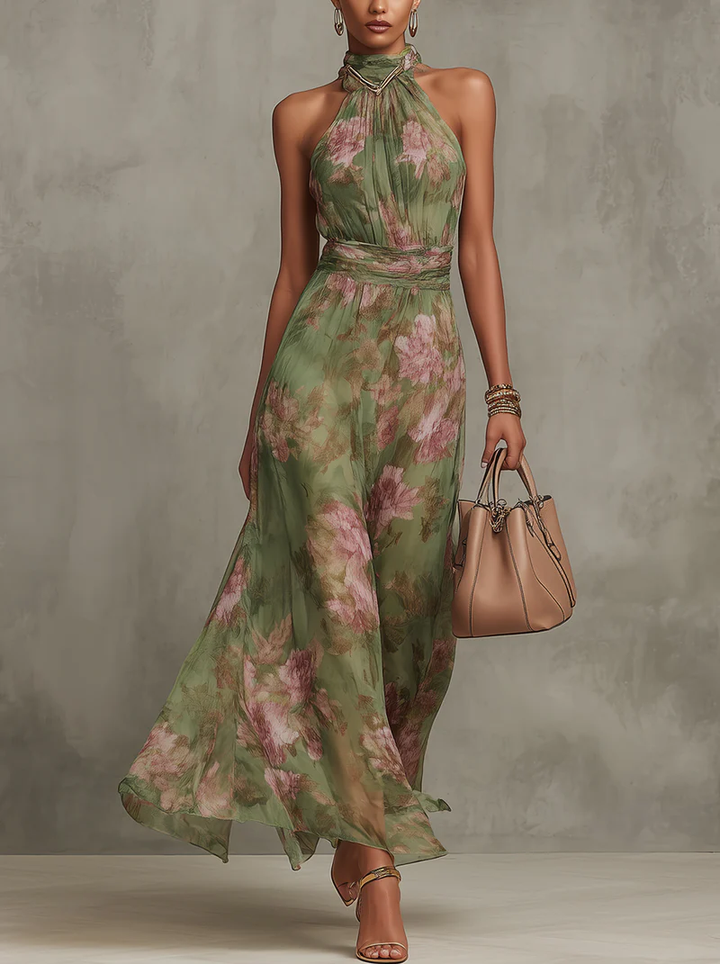 Serena | Grøn Blomstret Chiffon Halterneck Maxi Kjole