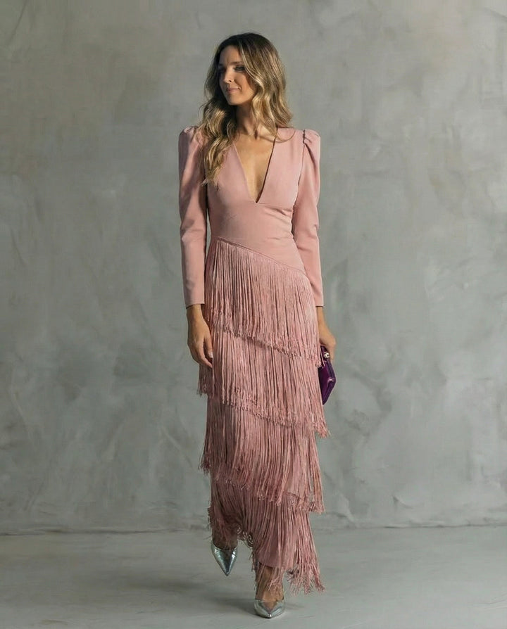 Alessia | elegant Midi Kjole med Frynseærmer