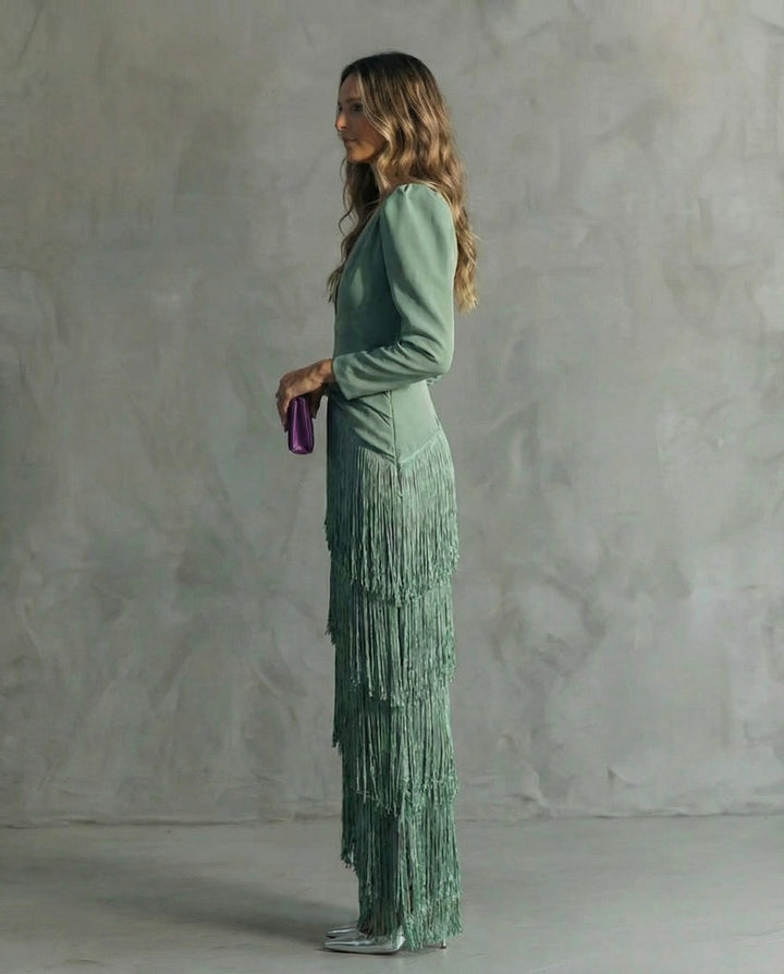Alessia | elegant Midi Kjole med Frynseærmer