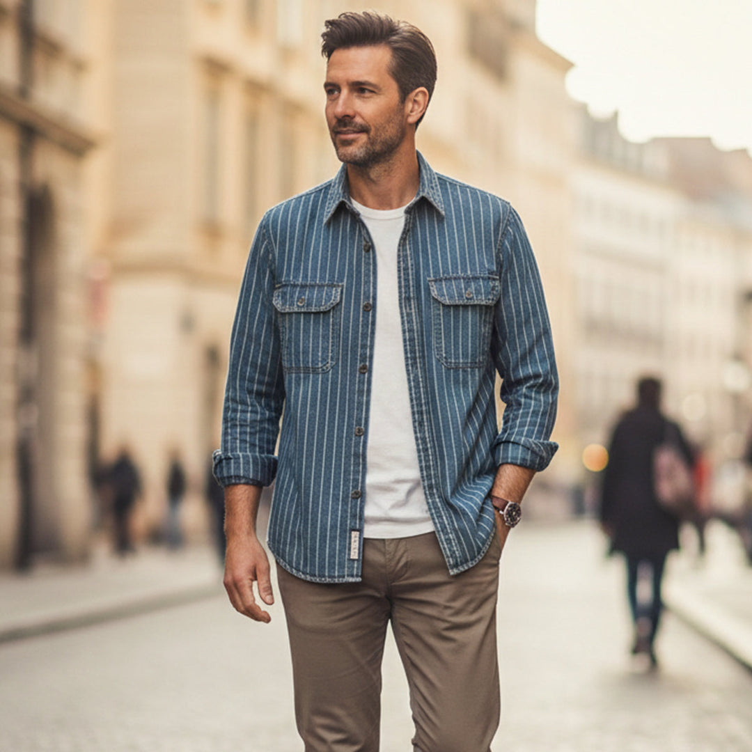 Freja Andersen | Herre vintage Washed lodrette striber denim skjortejakke - blå