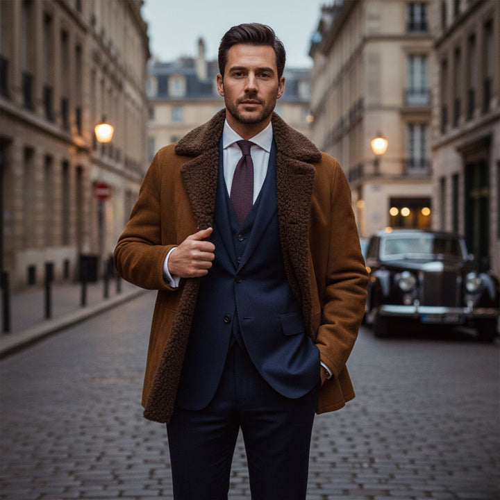 Ashen Shearling frakke - herre klassisk vinter Overcoat