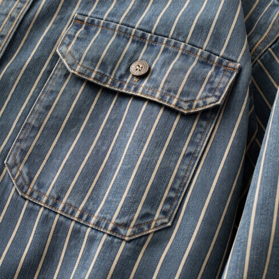 Freja Andersen | Herre vintage Washed lodrette striber denim skjortejakke - blå
