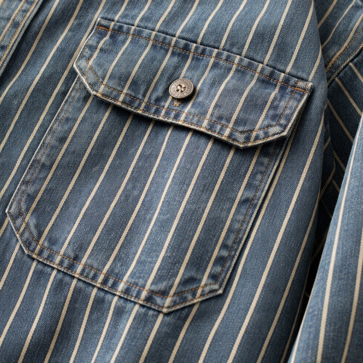 Freja Andersen | Herre vintage Washed lodrette striber denim skjortejakke - blå