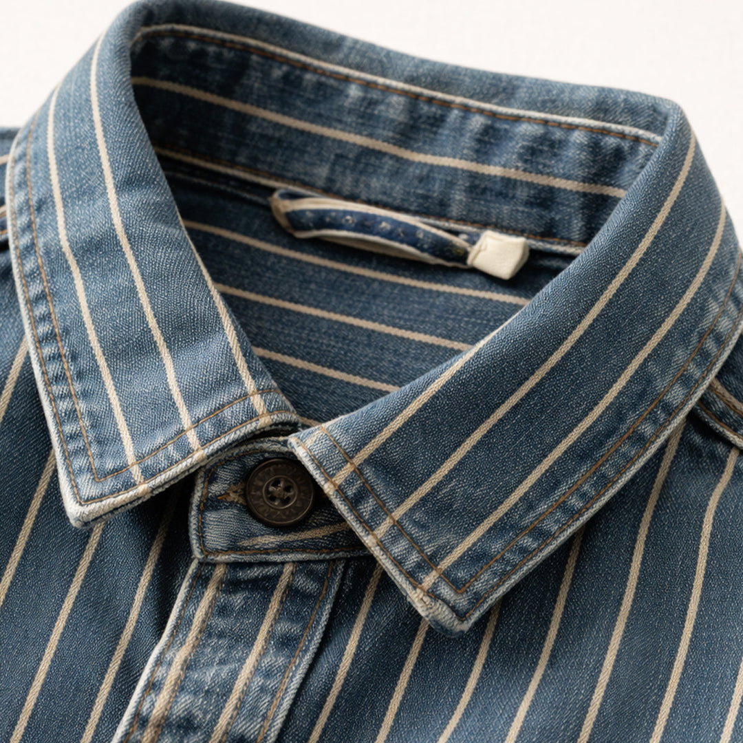 Freja Andersen | Herre vintage Washed lodrette striber denim skjortejakke - blå