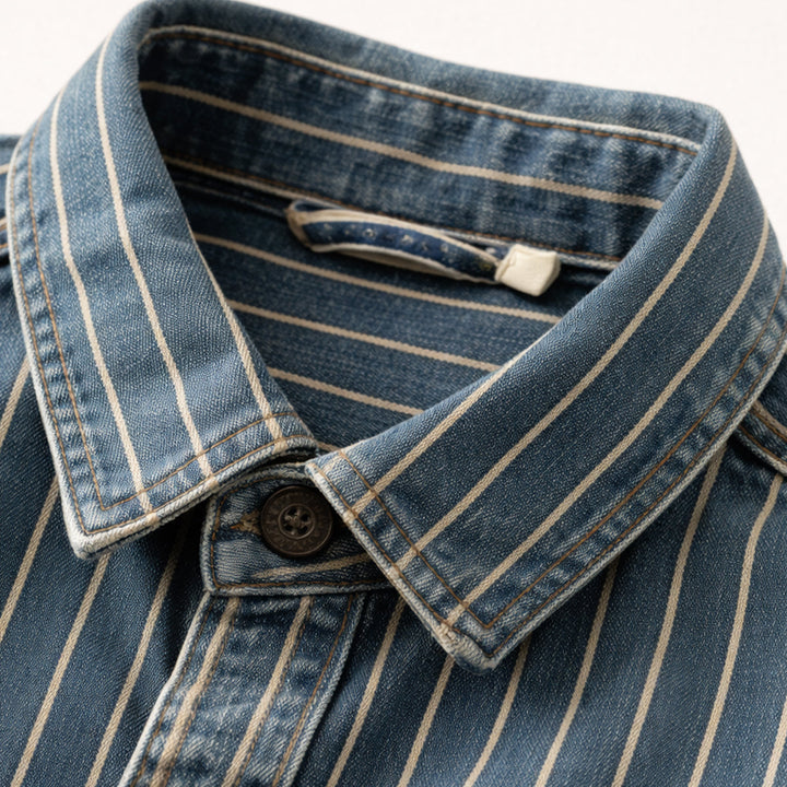 Freja Andersen | Herre vintage Washed lodrette striber denim skjortejakke - blå
