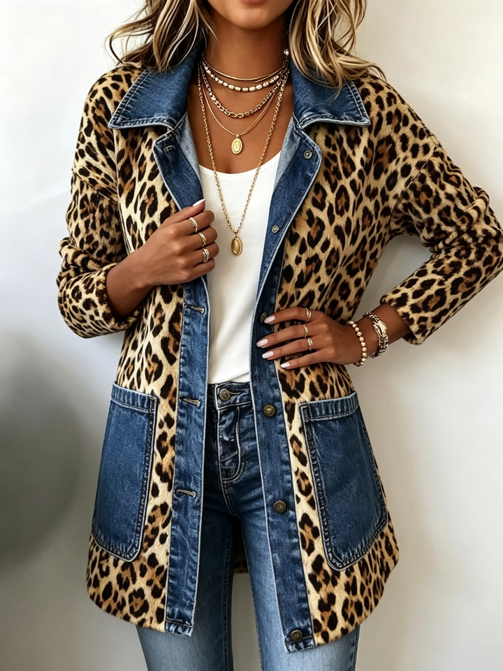 Fablenne™ | Leopardprint denim Panel Kontrast Longline jakke — 1