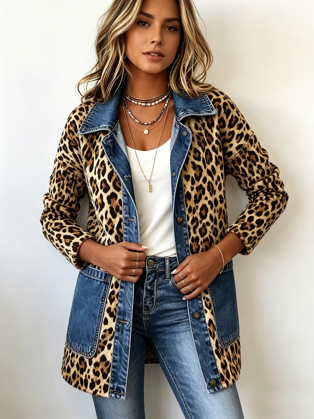 Fablenne™ | Leopardprint denim Panel Kontrast Longline jakke — 3