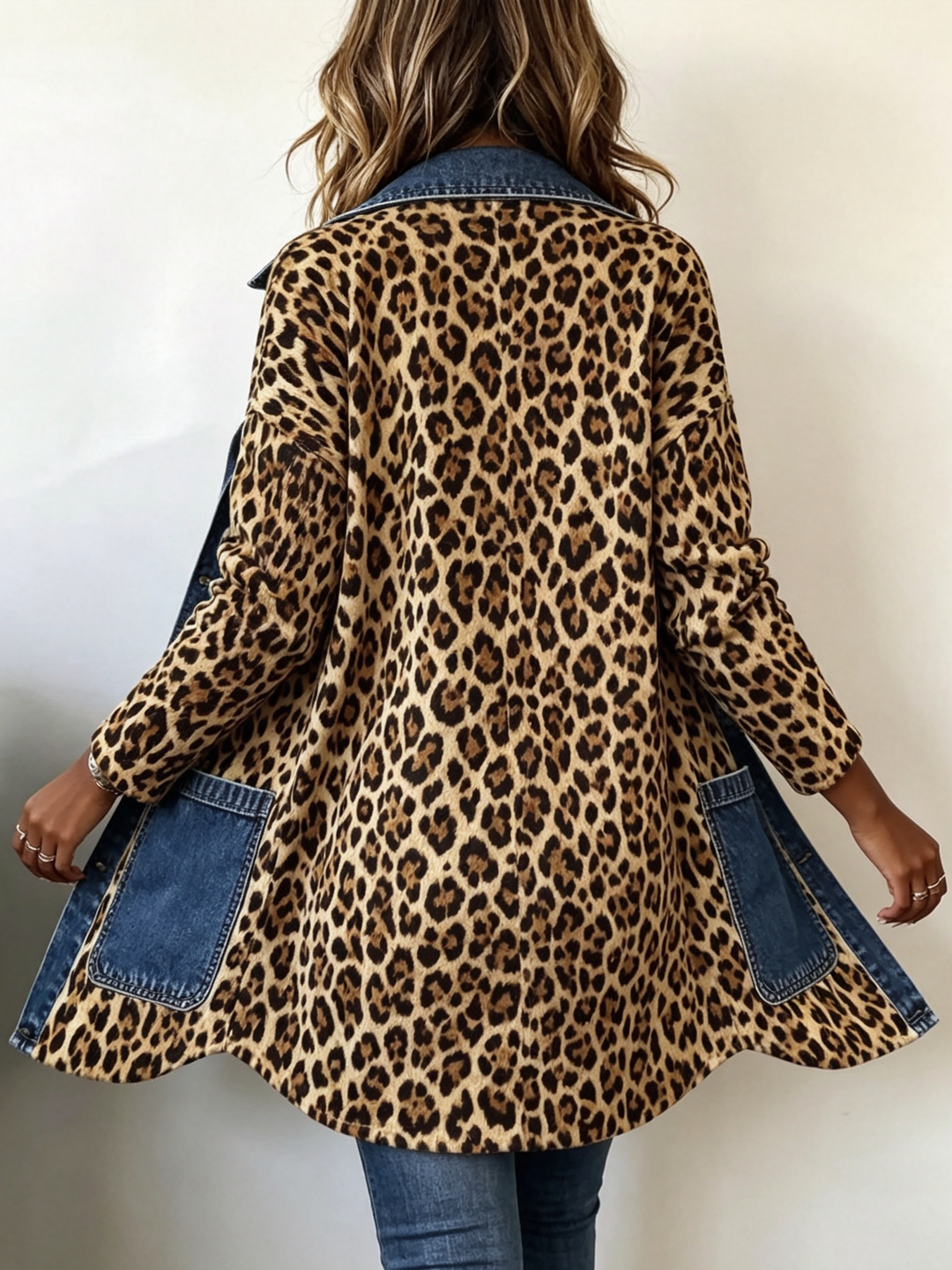 Fablenne™ | Leopardprint denim Panel Kontrast Longline jakke — 4