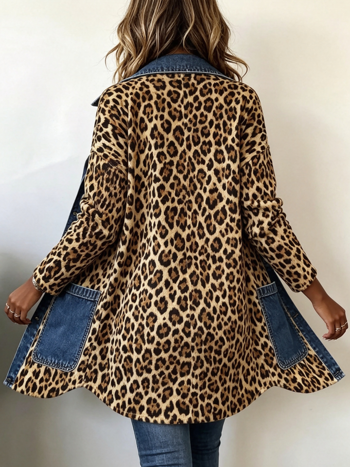 Fablenne™ | Leopardprint denim Panel Kontrast Longline jakke — 4