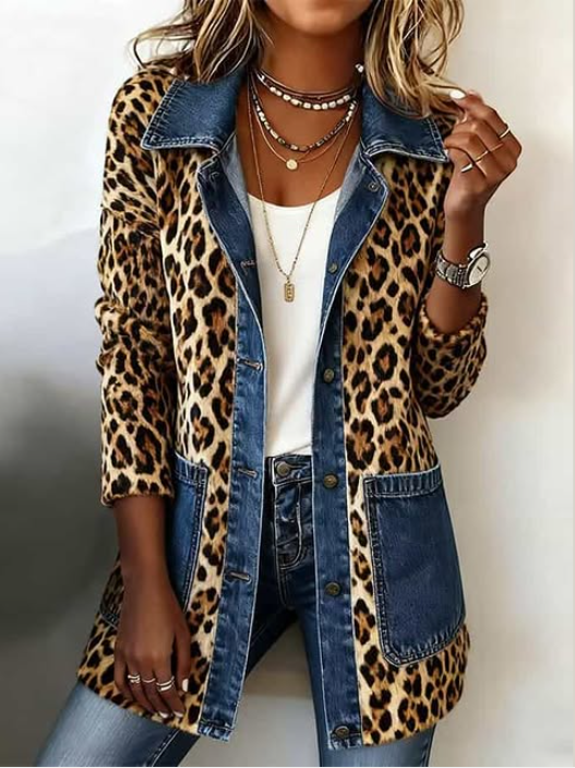 Fablenne™ | Leopardprint denim Panel Kontrast Longline jakke — 2