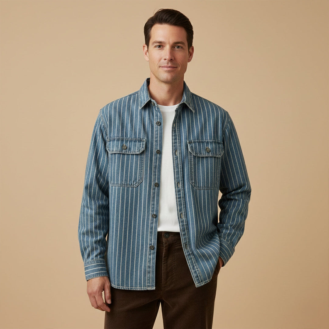 Freja Andersen | Herre vintage Washed lodrette striber denim skjortejakke - blå