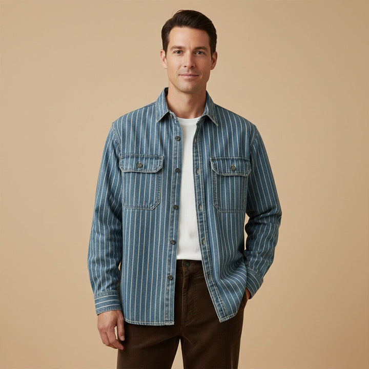 Freja Andersen | Herre vintage Washed lodrette striber denim skjortejakke - blå