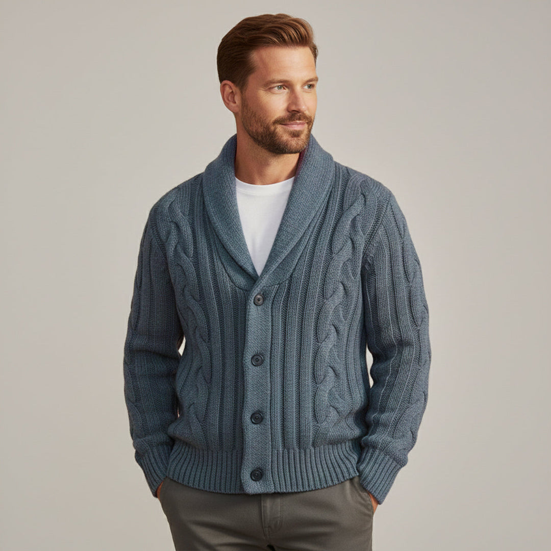 Freja Andersen | Herre vinter knaplukning kabelstrik Shawl krave cardigan