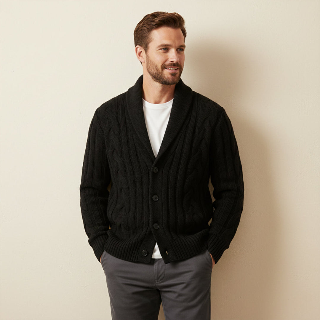 Freja Andersen | Herre vinter knaplukning kabelstrik Shawl krave cardigan