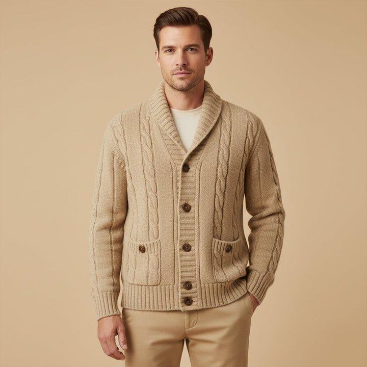 Carlton | Herre beige kabelstrik merino uld cardigan