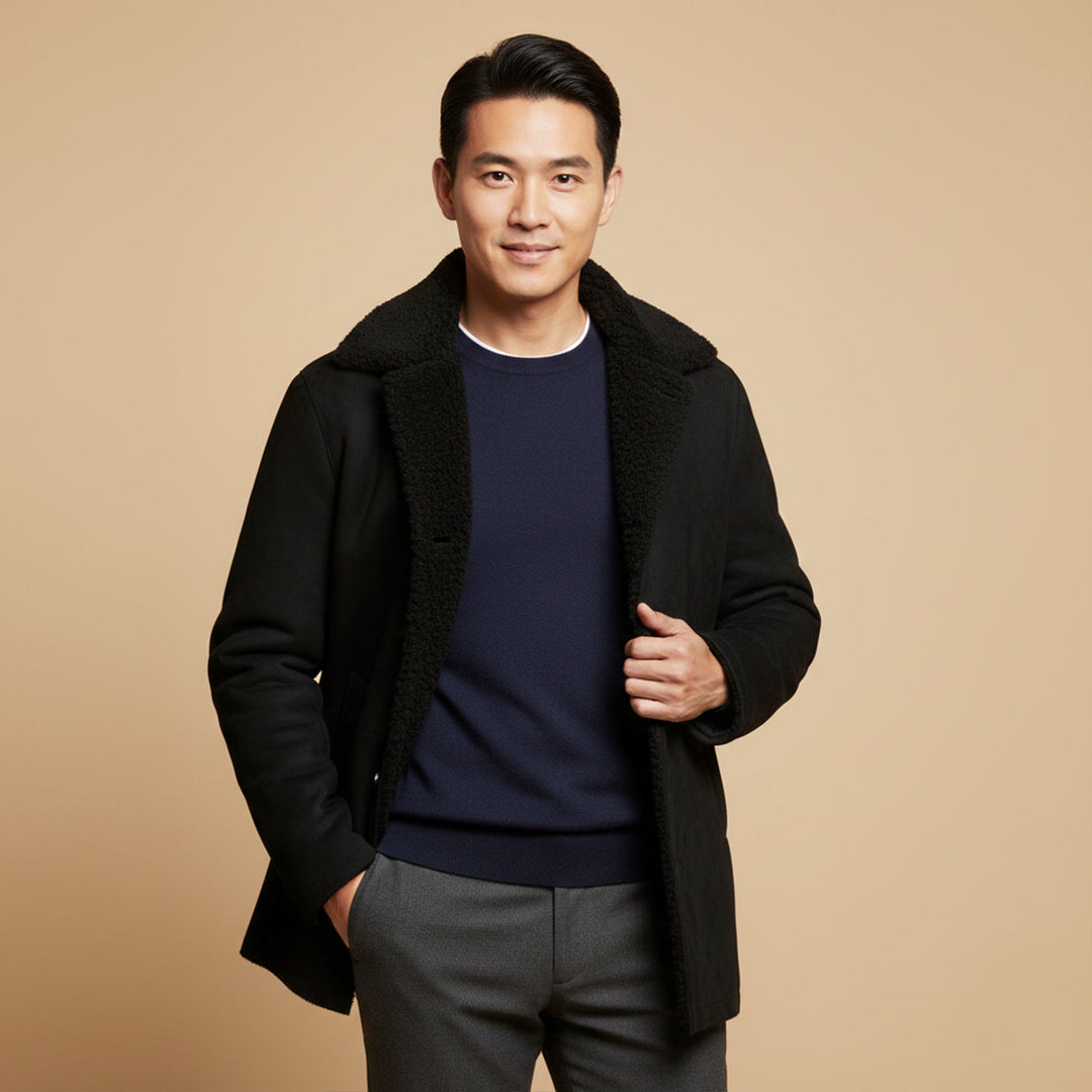 Ashen Shearling frakke - herre klassisk vinter Overcoat